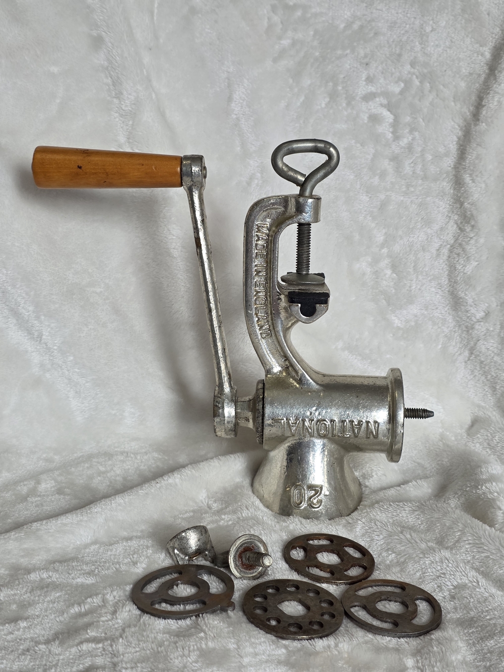 Vintage Spong National Mincer # 20 Hand Crank Meat Grinder Tinned Boxed Complete